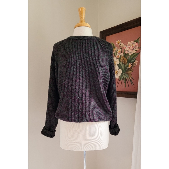 90s Ribbed Crewneck Sweater 1990s Vintage Black Space Dye / Heathered Rib Knit - Picture 10 of 14